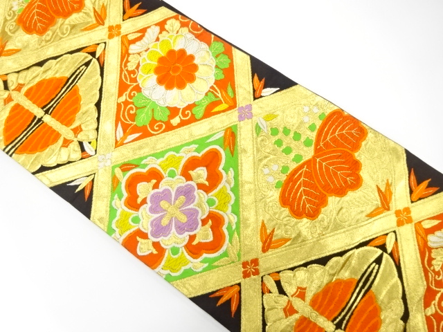 JAPANESE KIMONO / ANTIQUE FUKURO OBI / SILK / WOVEN KIKU & PAULOWNIA